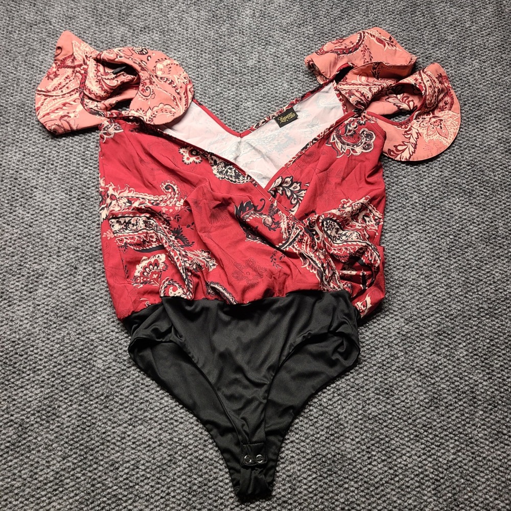 Especia Red Paisley Ruffle Off Shoulder Wrap Bodysuit Large